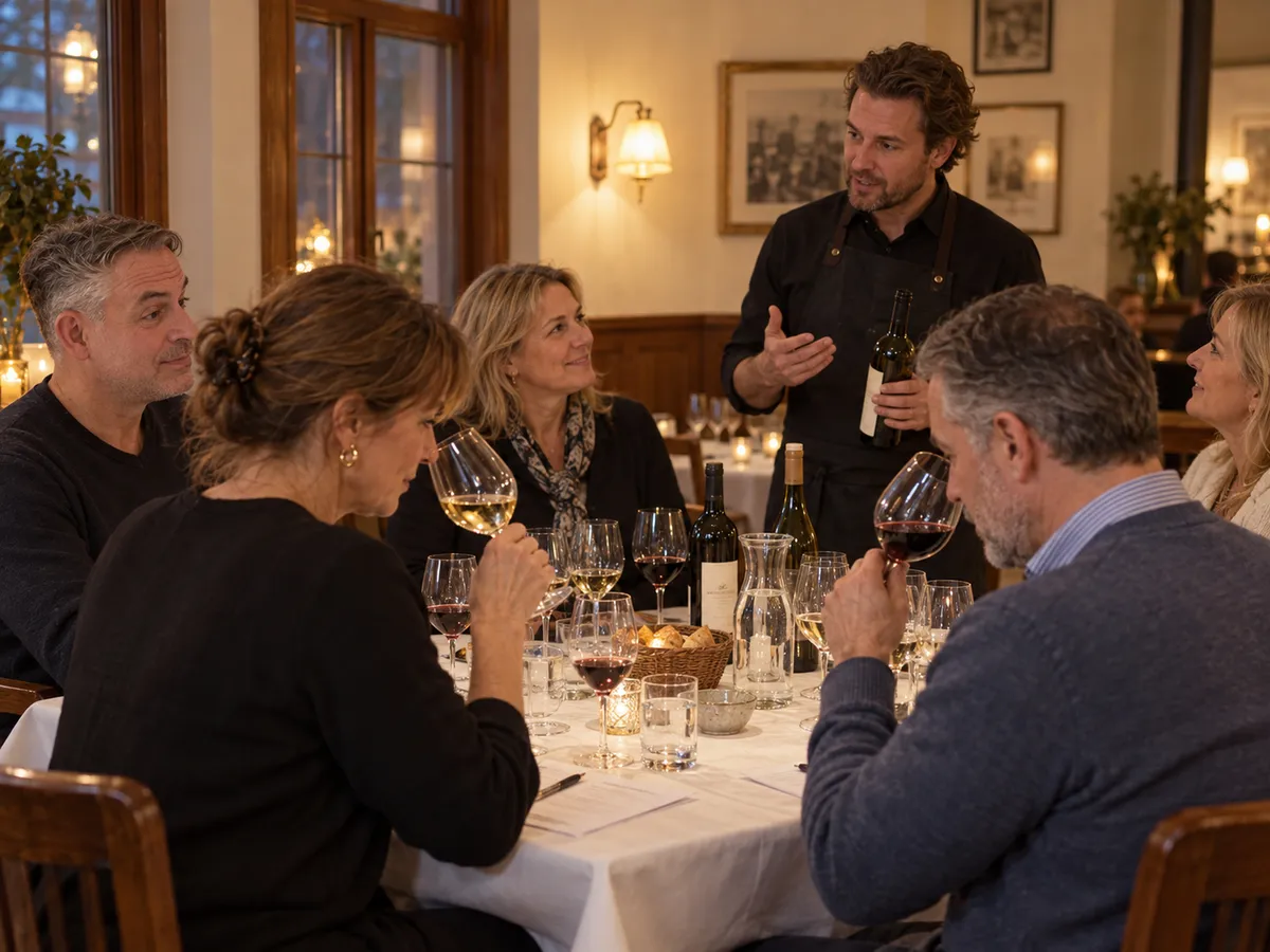 En sommelier leder en vinprovning för kollegor vid ett dukat bord i en matsal.